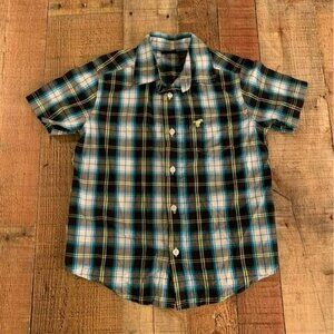 Wrangler boys blue and black plaid short sleeve button up -XS